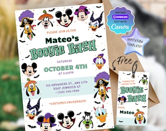 Invitación editable de Halloween de Mickey Mouse / Invitación de fiesta de cumpleaños Boogie Bash para niños / Plantilla imprimible de Mickey espeluznante / Descarga de Canva