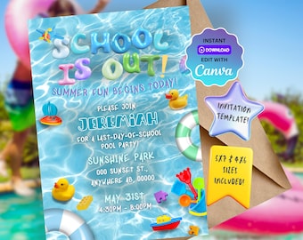 Plantilla de invitación para fiesta en la piscina: último día de clases - Invitación digital para fiesta en la piscina sin clases de verano, invitación imprimible para fin de año escolar