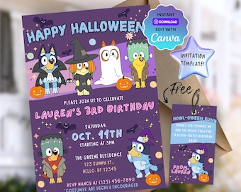 Plantilla de invitación para fiesta de Halloween de niña azul, editable, imprimible y descarga instantánea.