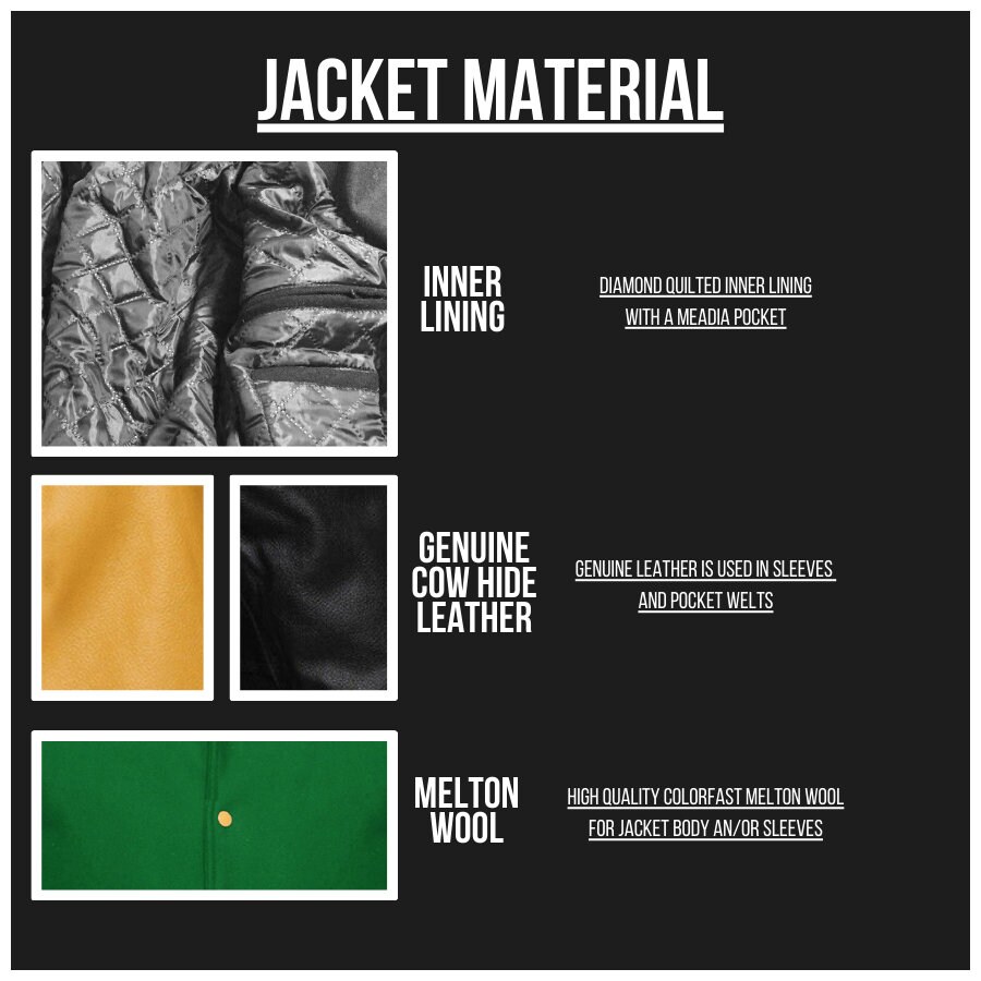 Mens Vintage Varsity Bomber Jacket – Wool Blend With Genuine Cowhide Leather Sleeves – Green Letterman Baseball Coat