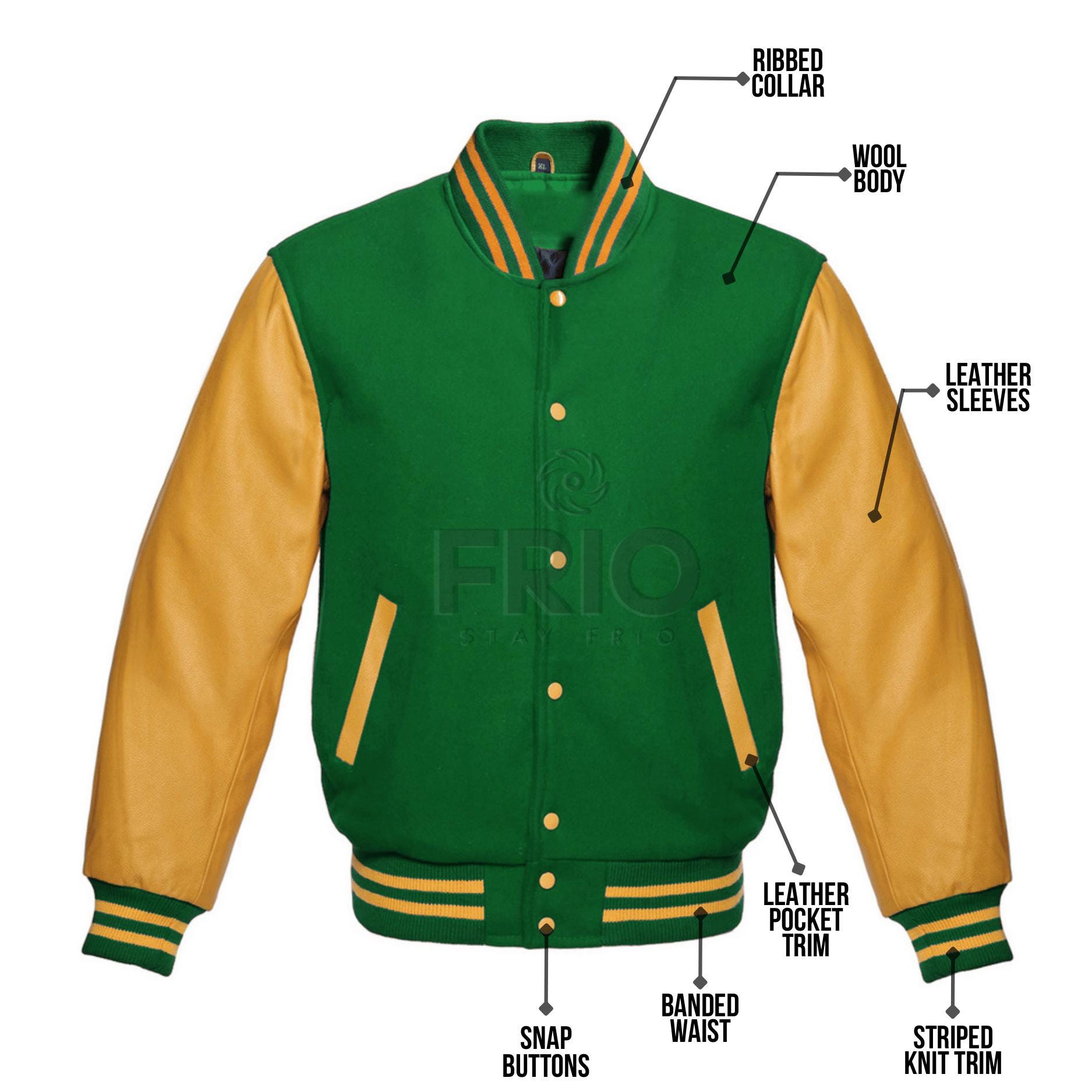Men Vintage Varsity Jacket Custom Gold Varsity Jacket Wool Leather Bomber Jacket with Green Wool Birthday Gift