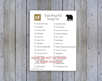 Printable Yosemite National Park, Scavenger hunt, travel games, national park travel game, family road trip, digital download
