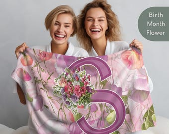 Birth Flower April Throw Blanket, Personalized 12-Month Flowers Avai