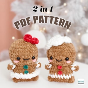 Könnte beinhalten: Zwei gehäkelte Lebkuchenmann-Amigurumi-Muster. Das Muster ist für einen Lebkuchenmann mit einer roten Schleife und einen Lebkuchenmann mit einem weißen Zuckerguss-Hut. Das Muster heißt "2 in 1 PDF Pattern".