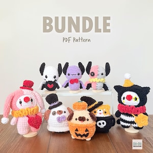 May include: A collection of handmade crochet dolls in various designs, including bats, a clown, and a dog in a pumpkin costume. The dolls are in a variety of colors, including pink, black, white, and orange. The word "BUNDLE" and "PDF Pattern" are displayed above the dolls.