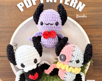 Pacchetto di modelli all'uncinetto 3 in 1 per pipistrelli - Amigurumi di Halloween - Schema a basso cucito in PDF - Peluche spaventosi kawaii