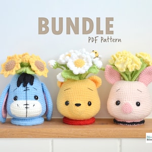 Winnie the Pooh Flower Vase Crochet Pattern Bundle - 3 in 1 Amigurumi PDF DIY Gift Idea