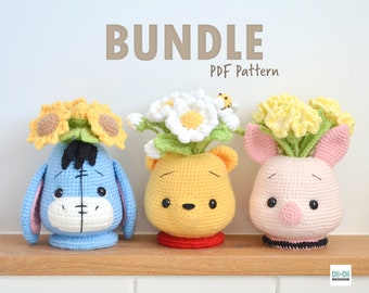 Winnie the Pooh Flower Vase Crochet Pattern Bundle - 3 in 1 Amigurumi PDF DIY Gift Idea