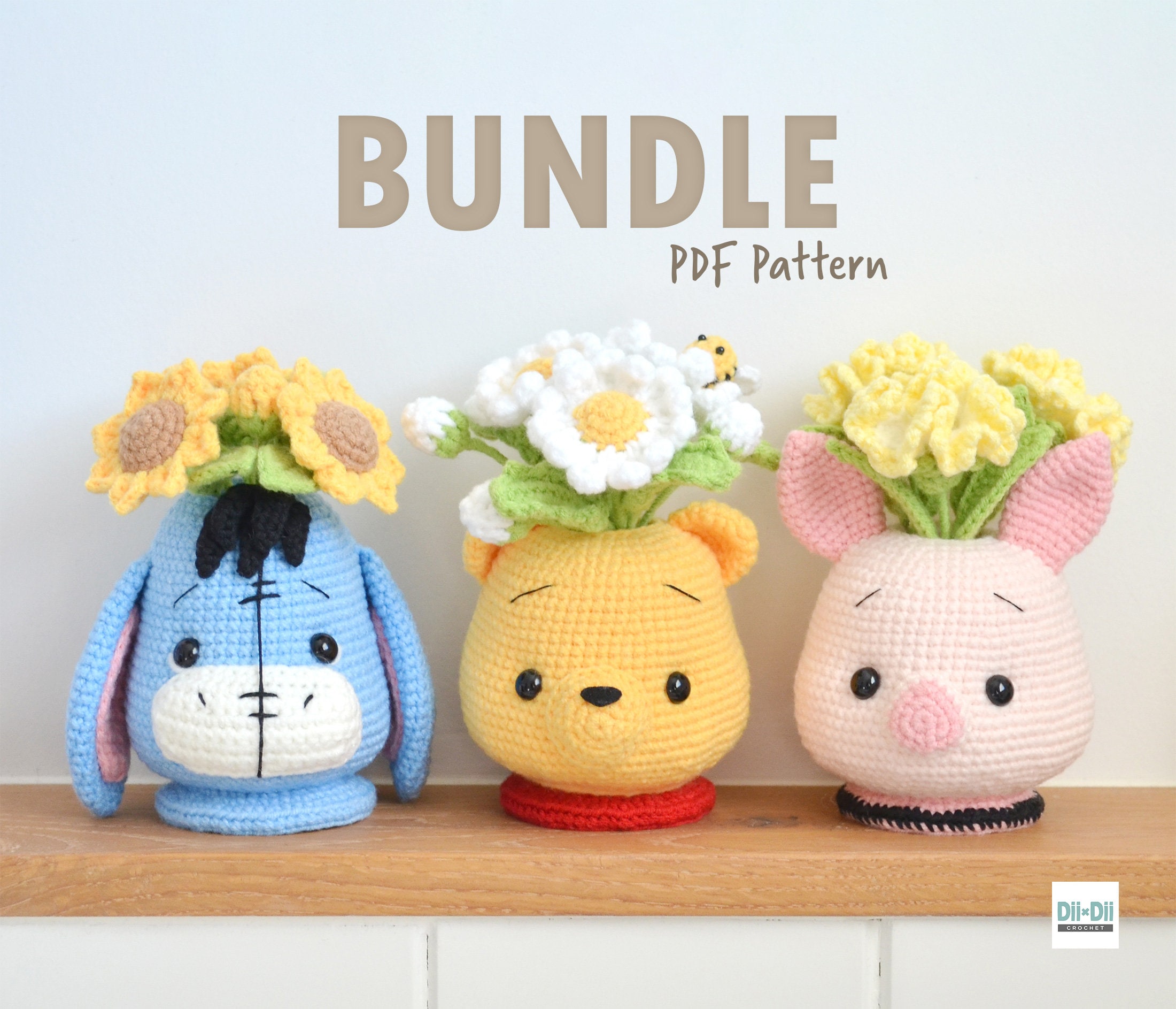 Winnie the Pooh Flower Vase Crochet Pattern Bundle - 3 in 1