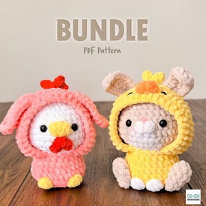 May include: A crochet pattern bundle for making two amigurumi toys: a pink chick and a yellow bunny wearing a chick costume. The pattern is available as a PDF download. The text "BUNDLE PDF Pattern" is displayed above the toys.