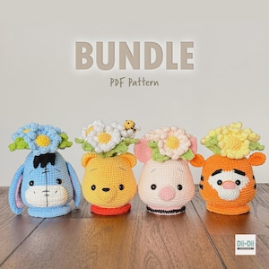 4 in 1 Winnie the Pooh Flower Vase Crochet Pattern Bundle -  Bear Pig Donkey and Tiger Amigurumi – PDF Digital Download