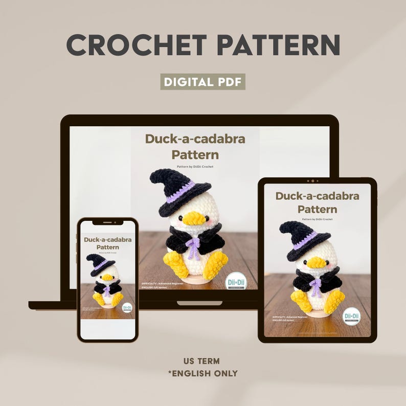 May include: A digital PDF crochet pattern titled Duck-a-cadabra Pattern displayed on a laptop, tablet, and smartphone. The pattern features a white crocheted duck wearing a black witch hat with a purple band and a black cape with a purple bow.