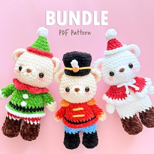 May include: Three crocheted teddy bears dressed in festive outfits. One bear wears an elf costume, another a toy soldier uniform, and the third a Santa-style outfit. The word "BUNDLE" and "PDF Pattern" are displayed in white text.