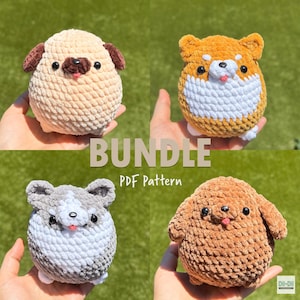 4 in 1 Dog Crochet Pattern Bundle – No-Sew Amigurumi Puppy Plushie Patterns, Shiba, Husky, Pug and Poodle - Beginner-Friendly PDF