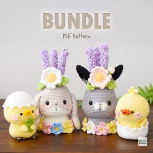 May include: A crochet pattern bundle featuring three amigurumi animals: a bunny, a chick, and a donkey. Each animal is wearing a flower crown and has a lavender flower on top of its head. The pattern is called "Bundle PDF Pattern".