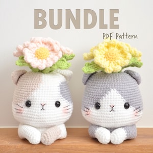 Lot de 2 en 1 calicot et smoking chat au crochet - Pot amigurumi avec fleur de marguerite PDF - Idée cadeau pour la fête des Mères