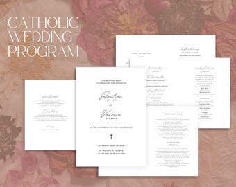 May include: A Catholic wedding program with a floral background. The program includes the text "Catholic Wedding Program" at the top. The program details the order of the wedding ceremony, including the names of the bride and groom, Sebastian and Vanessa.