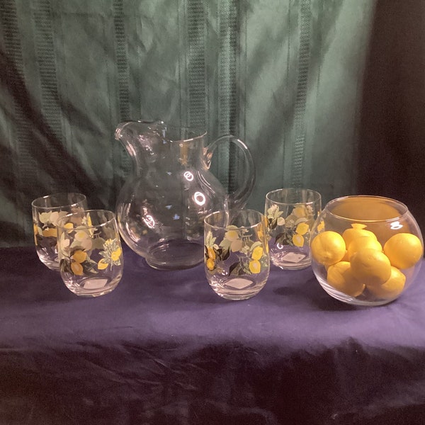 Royal Norfolk (Greenbrier) Lemon Drinking Glasses - Set of 4 / Plus Bowl of 8 Ceramic Faux Display Lemons / Plus Clear Large Pitcher