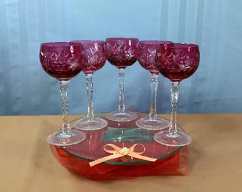Bohemian Czech Cut-To-Clear Floral and Grapes Cranberry Wine Crystal Glasses - Same Pattern - GODINGER - Set of 5