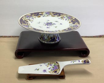 Vintage Andrea by Sadek Royal Violets Porcelain Cake Stand Server – Cobalt Gold Scrollwork