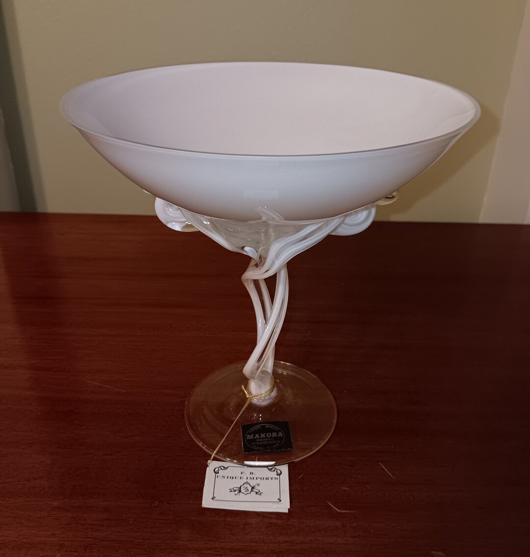 Makora Krosno Polish White Handblown Art Glass With Stand Bowl Etsy