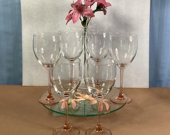 Vintage Luminarc Peach / Rose / Pink Stem Wine / Goblet Glasses - Set of 6.