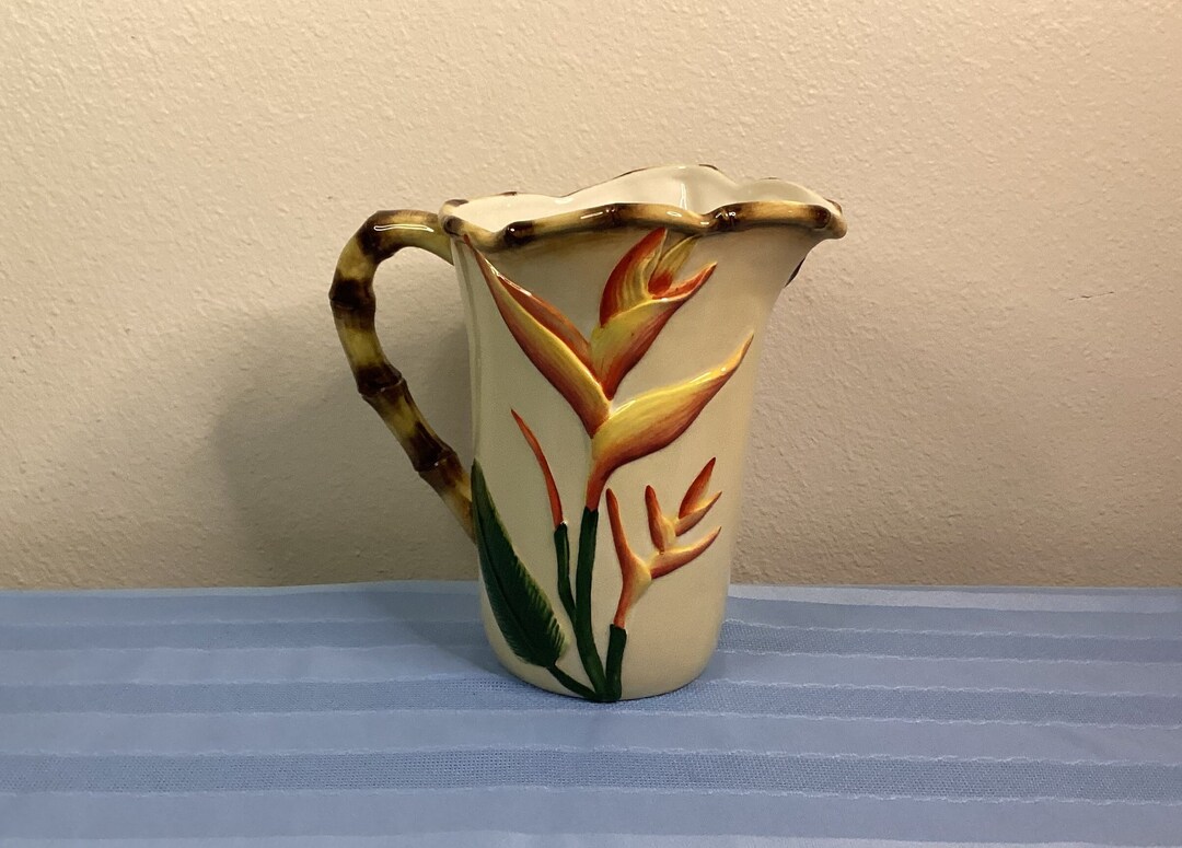 Pacific Rim Bird of Paradise Floral Hand Painted Raised Relief Handled ...