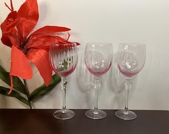 Vintage Crystal Pink Optic Ribbed Cup / Bowl with Bulbous Clear Stem Wine Glasses - Set of 3.