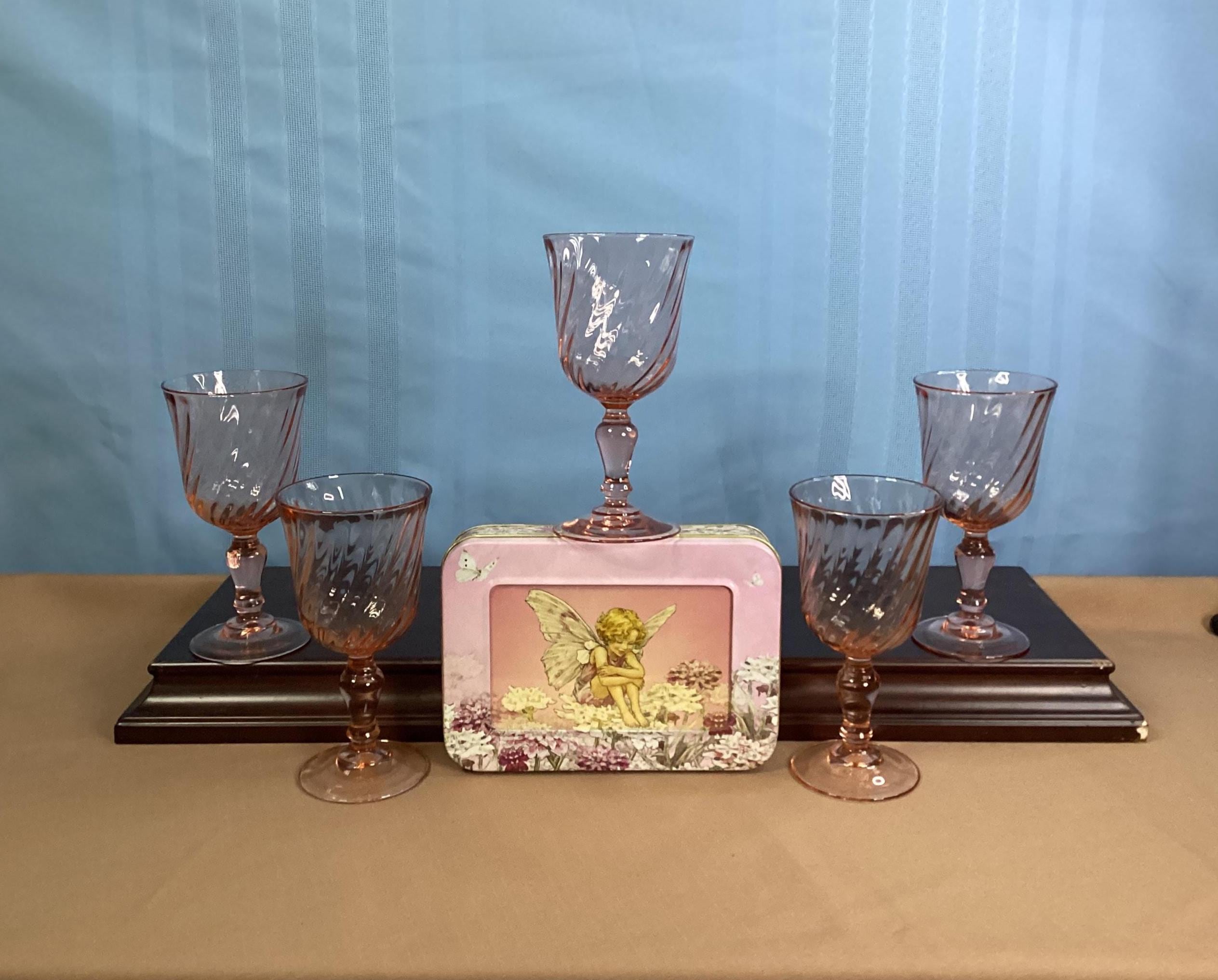 Vintage Arcoroc France Pink Swirl Optic Glass Rosaline Wine Glasses - Set of 5