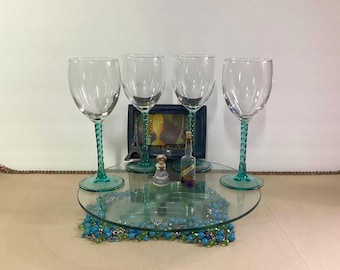 Vintage Arques-Durand Angelique Angel Aqua (Teal) Twisted Stem and Foot, Clear Glass Body Wine Glasses - Set of 4