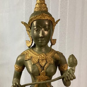 Vintage Large Gilt Bronze Thai Statue Thepphanom Sacred Guardian Angel Standing Sculpture Statue - Buddhist - Plus Marble Stand
