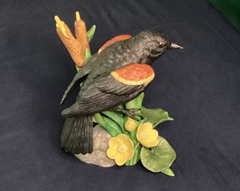 Lenox American Red Winged BlackBird on a CatTail Branch Porcelain Figurine 1993