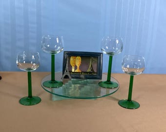 Vintage Luminarc Retro / Rhine Emerald Green Straight Stem, Clear Cup / Bowl Small Volume Wine Hock Glasses - France - Set of 4