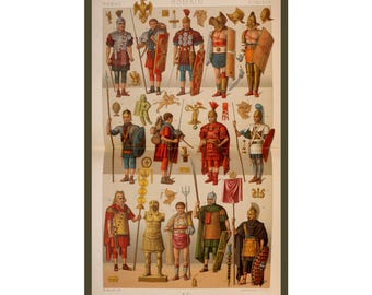 May include: A vintage poster featuring illustrations of Roman soldiers in various uniforms and armor. The poster has a beige background with the word "ROMAN" at the top. The illustrations are detailed and colorful, showcasing different types of Roman military attire.