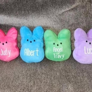 May include: Four plush Easter bunny toys in pink, blue, green, and purple. Each bunny has a name embroidered on its belly: Judy, Albert, Angel Travy, and Lucy. The bunnies have black dot eyes.