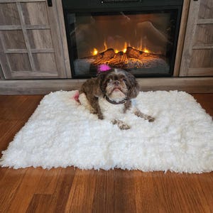 May include: A small brown dog with a pink bow on its head is lying on a white fluffy rug in front of a fireplace.