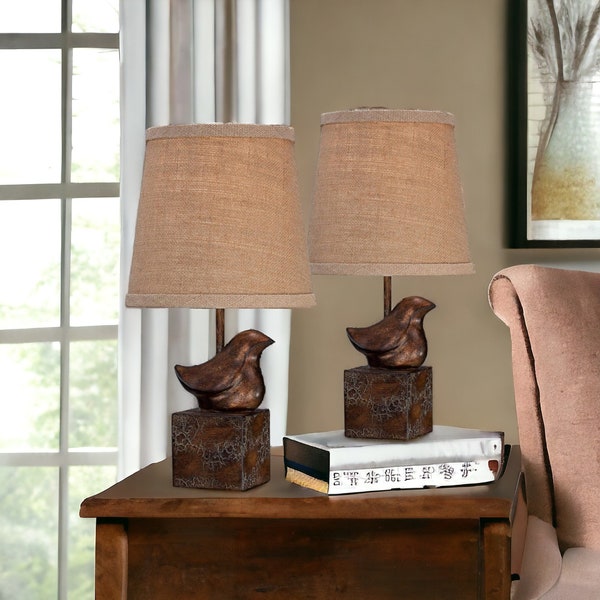 Set of 2 Bird Modern Rustic Farmhouse Accent Table Lamps Sculptural Design with Crackle Dark Bronze and Brown Natural Finishes