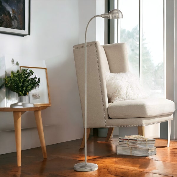 Tall Modern Standing Task Floor Lamp: Featuring a Satin Nickel Silver Finish with an Adjustable Gooseneck Arm, Providing Bright Light