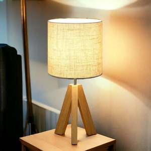 Wooden Tripod Table Lamp with White Fabric Shade A Charming Boho Nightstand Accent, Minimalist in Design