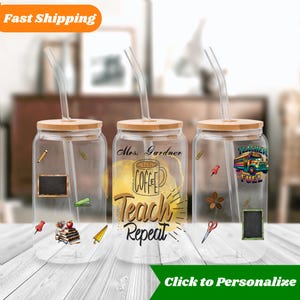 Personalized Teacher Tumbler,16oz, Coffee Teach Repeat Teacher Glass Cup, Teacher Gifts, Teacher Glass tumbler with Straw,  Iced Coffee Mug