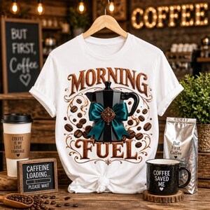 May include: A white short-sleeve t-shirt featuring a graphic of a black moka pot adorned with a teal bow and a decorative brooch. The text "MORNING FUEL" is printed in brown lettering above and below the pot, surrounded by scattered coffee beans.