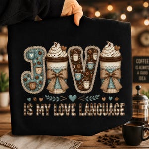 May include: A black sweatshirt featuring a graphic with the text JOVI IS MY LOVE LANGUAGE. The design includes two large coffee cups with whipped cream and bows, interspersed with letters decorated with coffee bean and mug patterns.