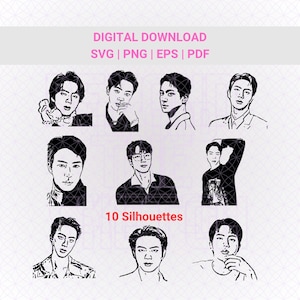May include: Ten black and white silhouette images of a person's head and shoulders. The text "10 Silhouettes" is below the images.