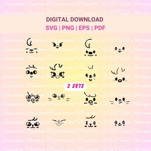 May include: Digital download graphic set featuring whimsical animal face designs in black. The text "DIGITAL DOWNLOAD" and file type options are displayed. The image includes the text "2 SETS".
