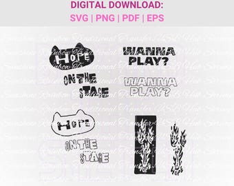May include: Black and white digital download design files for a craft project. The design includes the words "Hope", "Wanna Play?" and "On the Stage".