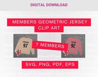 May include: Digital download graphic featuring two sweatshirts with the names and numbers of team members. The text "MEMBERS GEOMETRIC JERSEY CLIP ART" is displayed in red. The image also includes the text "7 MEMBERS" and file type options.