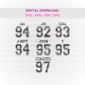 Könnte beinhalten: Digitaler Download-Grafik mit Trikot-Nummern und Namen darüber. Zu den Nummern gehören 94, 92, 93, 94, 95, 95 und 97. Der Text "DIGITAL DOWNLOAD: SVG | PNG | PDF | EPS" steht oben.