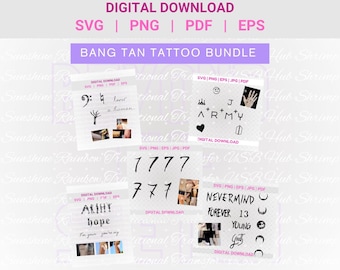 Può includere: Un pacchetto di download digitale intitolato Bang Tan Tattoo Bundle contenente vari disegni grafici neri, inclusi testo, simboli, numeri e piccole illustrazioni. I formati di file elencati sono SVG, PNG, PDF ed EPS in un layout a griglia.