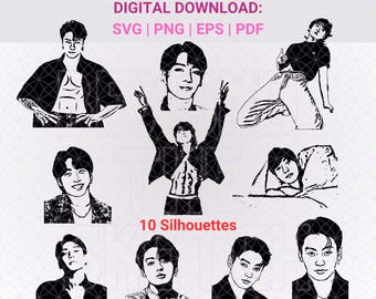 JK Silhouette SVG Png, Kpop Merch für ARMY, Vektordateien, Kpop Abziehbild Clip Art, Png Sublimationsdatei