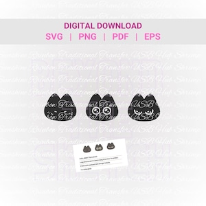Könnte beinhalten: Digitaler Download-Grafik mit drei schwarzen Katzengesichtern mit unterschiedlichen Ausdrücken. Das Bild enthält den Text "DIGITALER DOWNLOAD" und Dateitypoptionen: SVG, PNG, PDF und EPS. Eine kleine Karte mit Text ist ebenfalls enthalten.